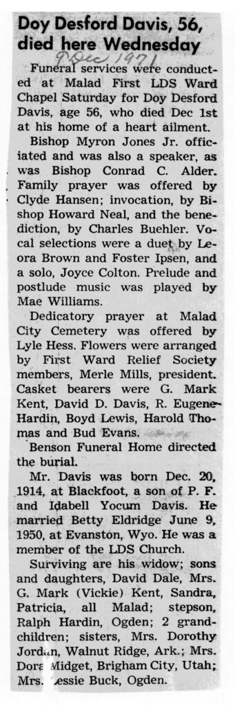Doy Desford Davis obit and funeral