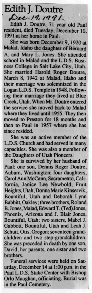 Edith J Doutre obit