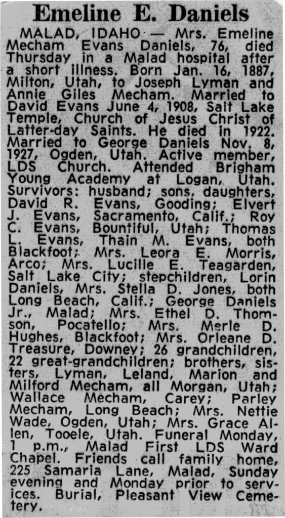 Emeline Ann Mecham Evans Daniels obit
