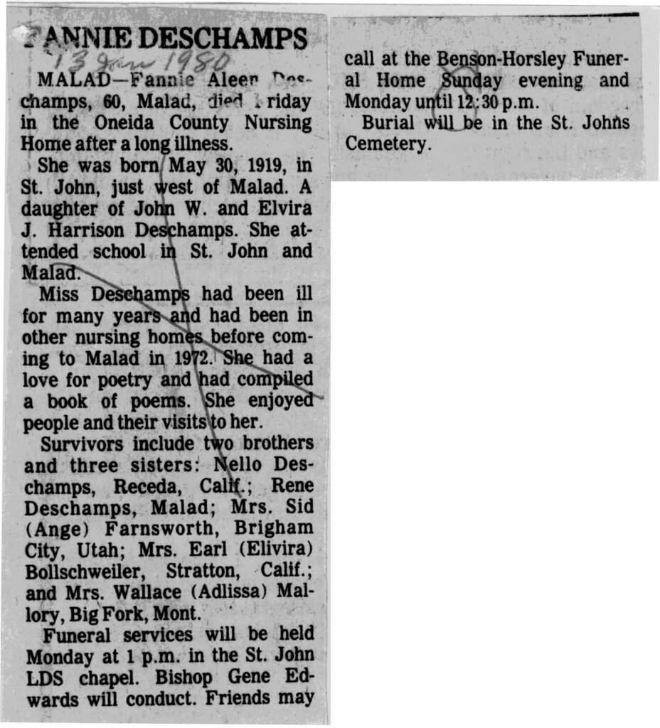 Fannie Aleen Deschamps obit