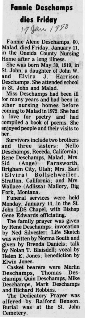 Fannie Alene Deschamps obit and funeral