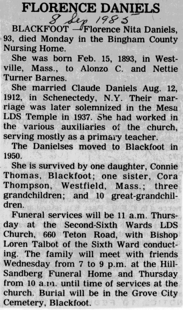 Florence Nita Daniels obit