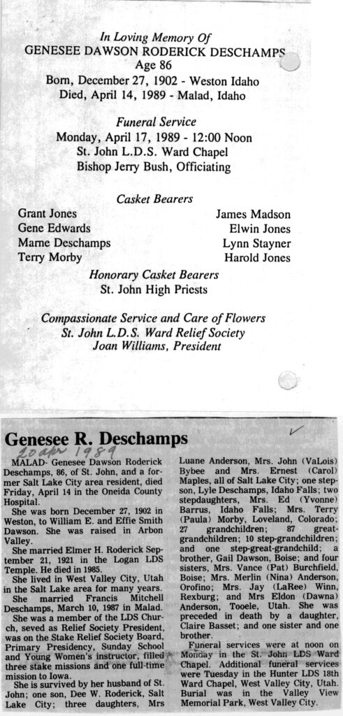 Genesee Dawson Roderick Deschamps obit and program