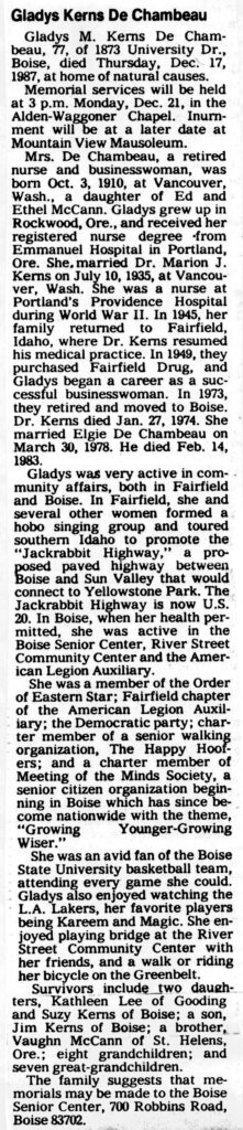 Gladys M Kerns DeChambeau obit