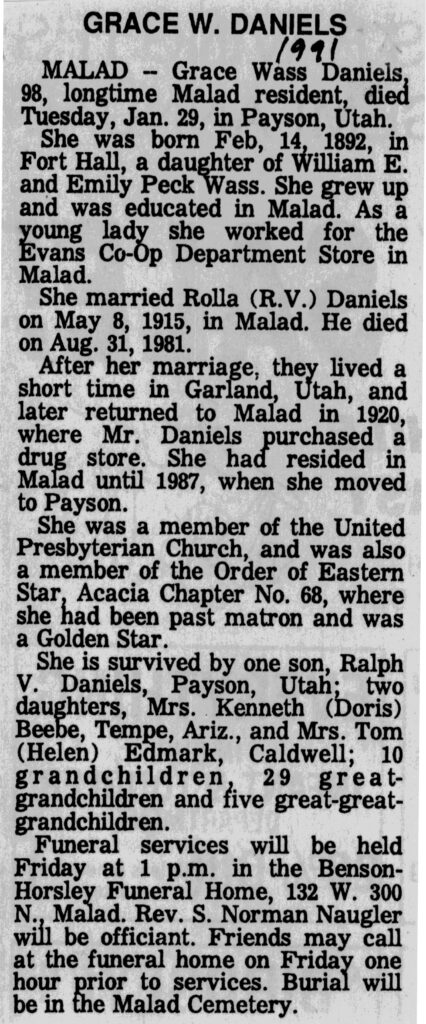 Grace Wass Daniels obit