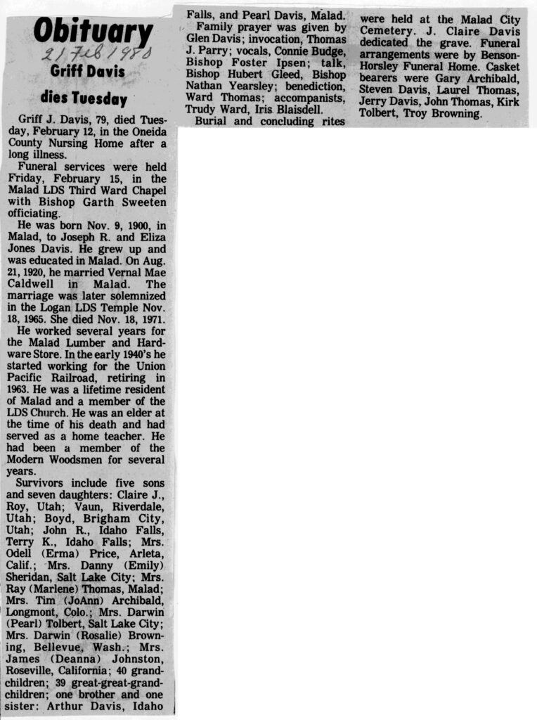 Griff J Davis obit and funeral