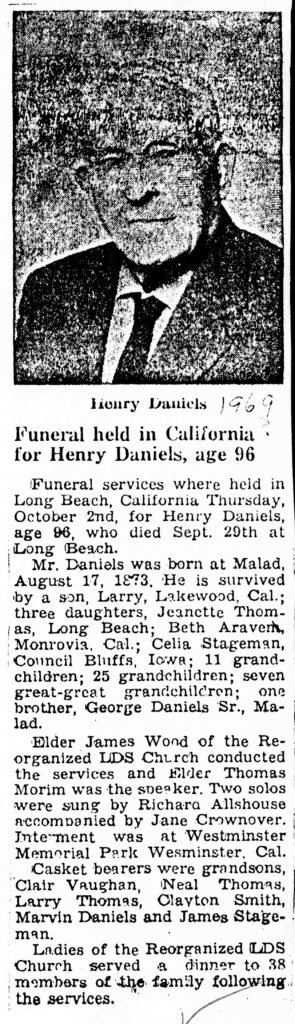 Henry Daniels obit and funeral