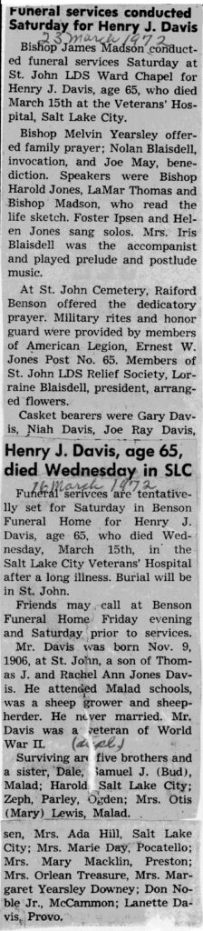 Henry J Davis obit and funeral
