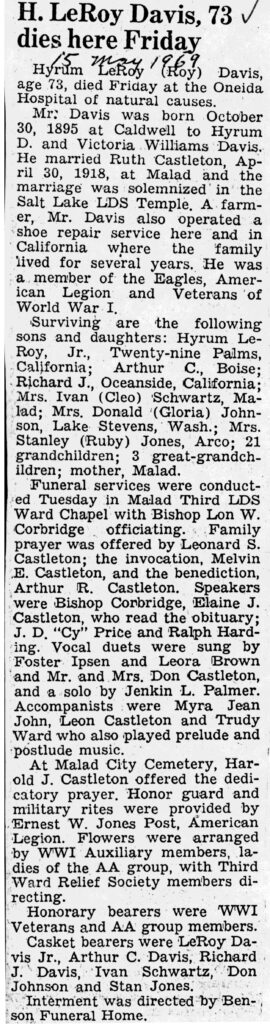 Hyrum LeRoy (Roy) Davis obit and funeral