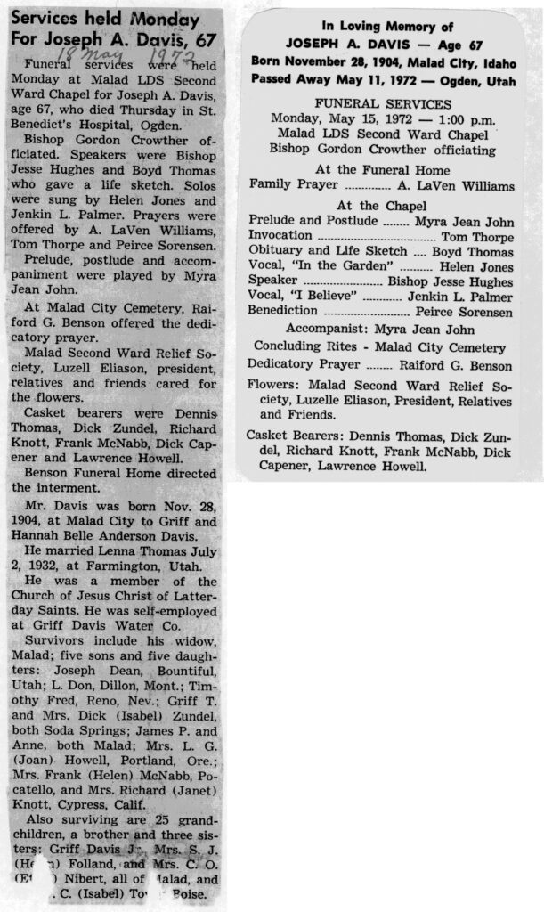 Joseph A Davis obit and program