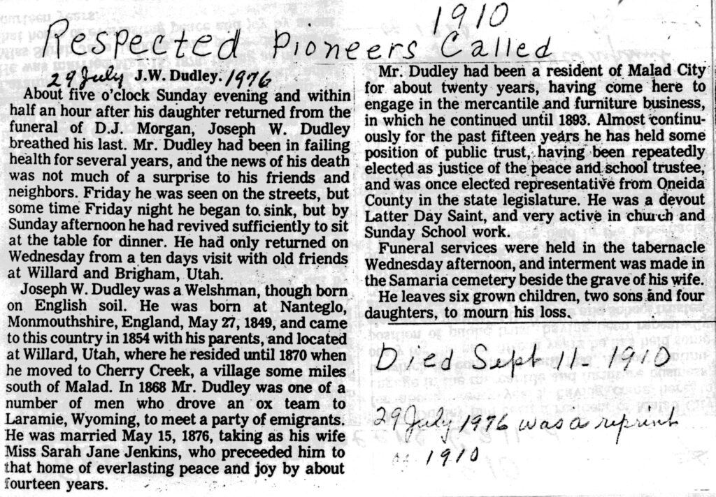 Joseph W Dudley obit