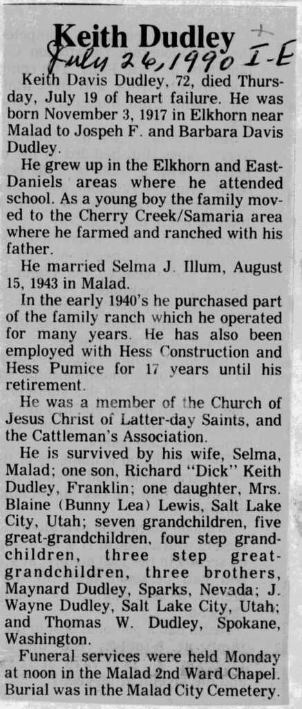 Keith Davis Dudley obit