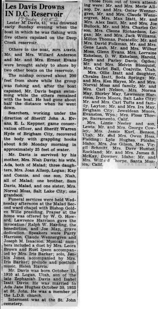 Lester M Davis accident report and funeral