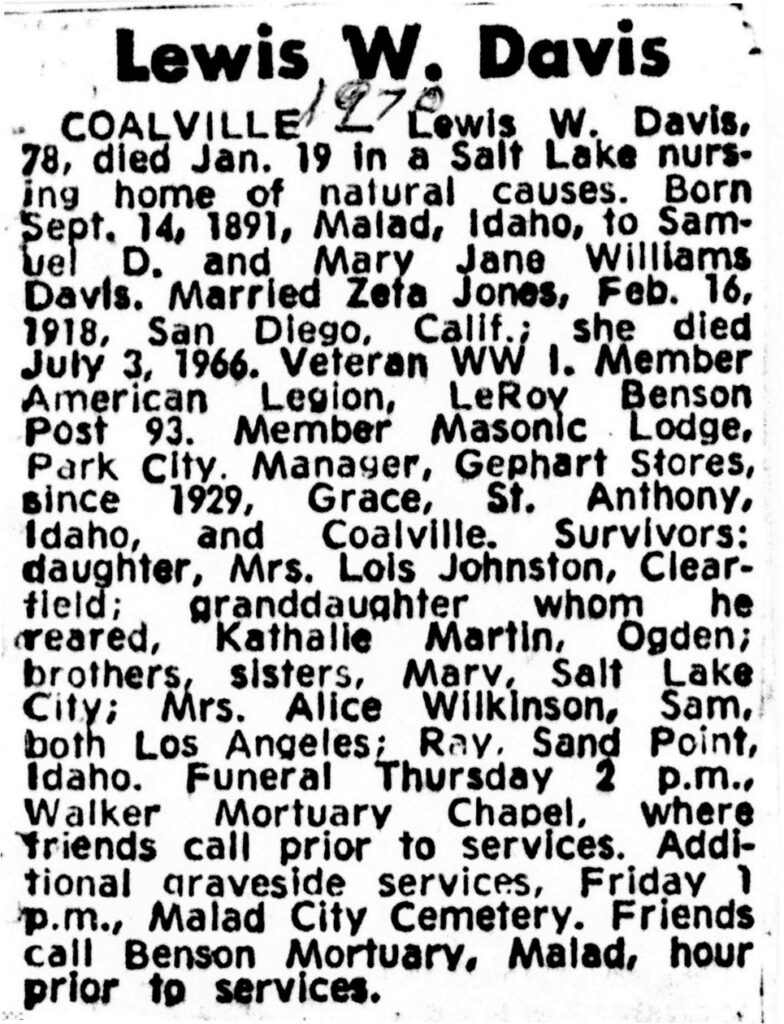 Lewis W Davis obit