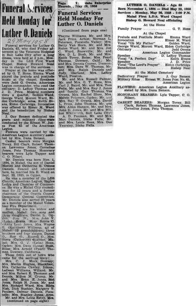 Luther O Daniels obit and program