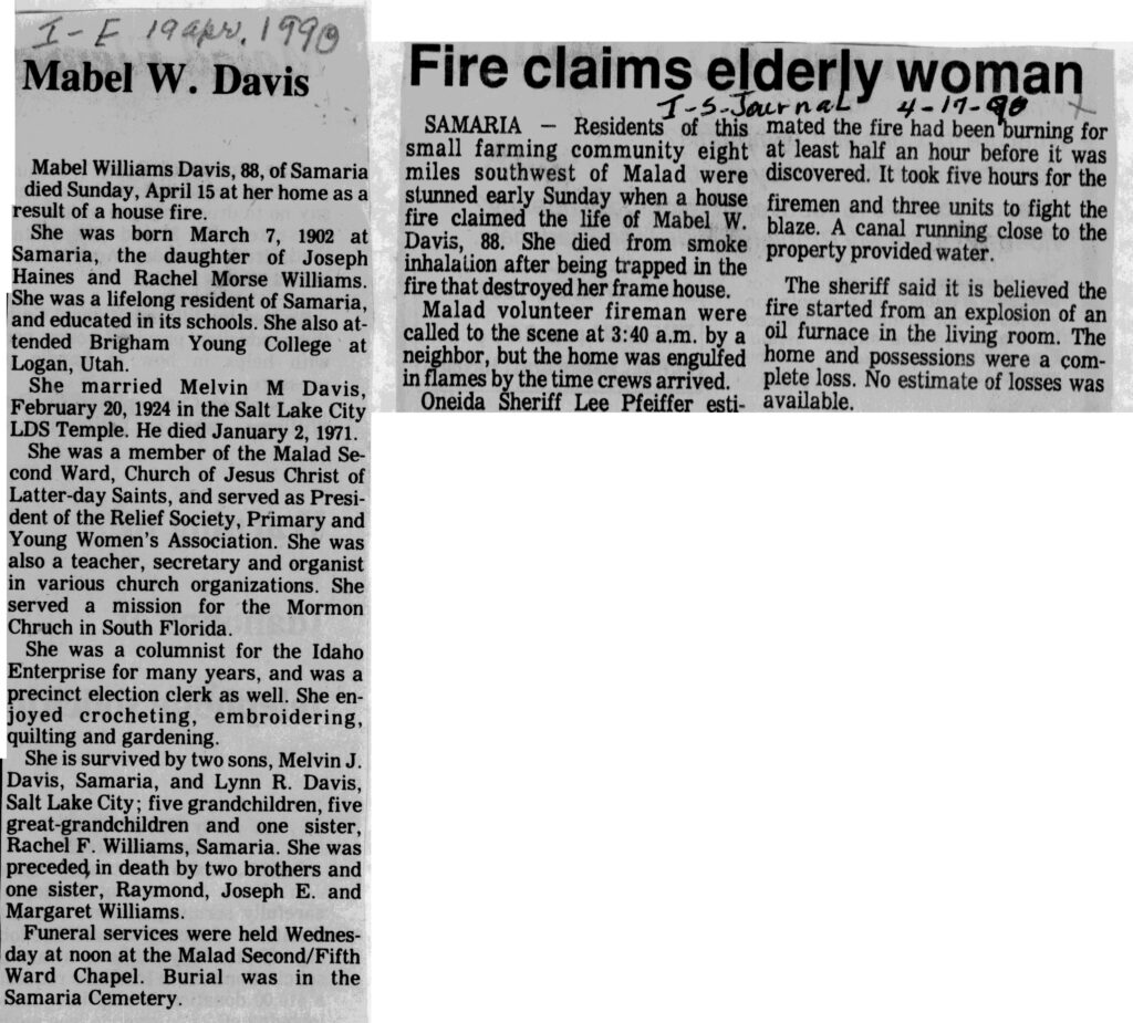 Mabel Williams Davis obit and accident report