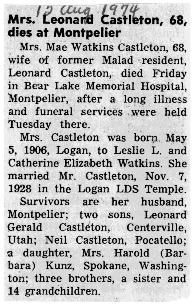 Mae Watkins Castleton obit