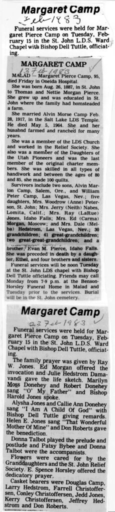 Margaret Pierce Camp obit and program