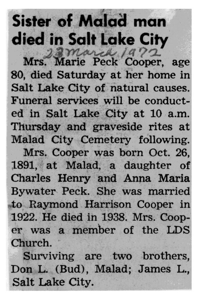 Marie Peck Cooper obit