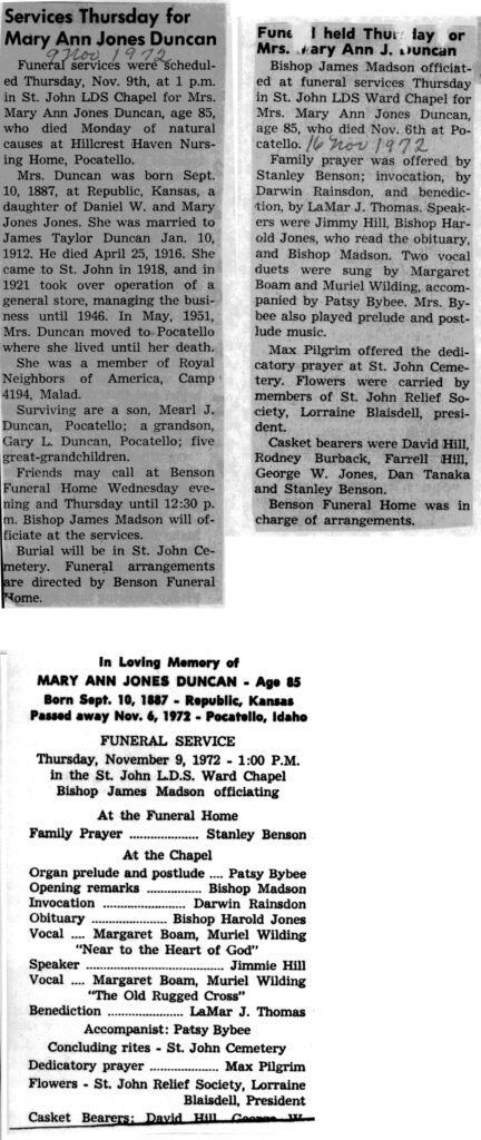 Mary Ann Jones Duncan obit and program