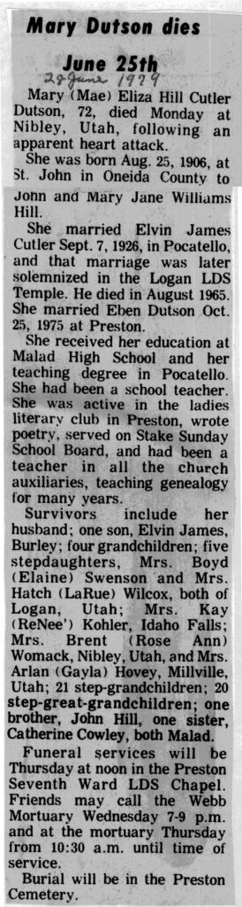 Mary (Mae) Eliza Hill Cutler Dutson obit