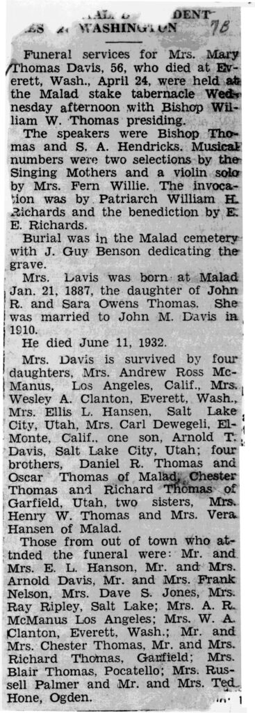 Mary Thomas Davis obit and funeral