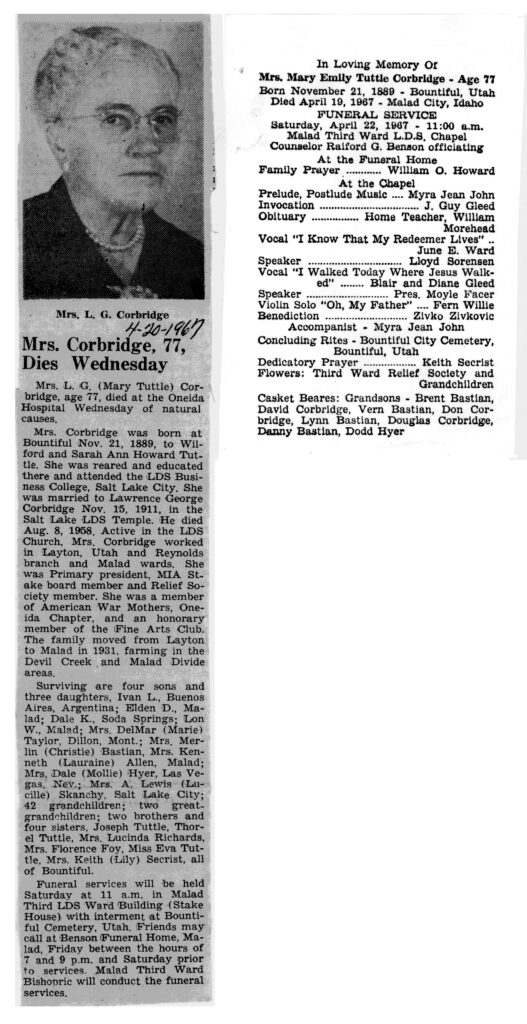 Mary Tuttle Corbridge obit and funeral