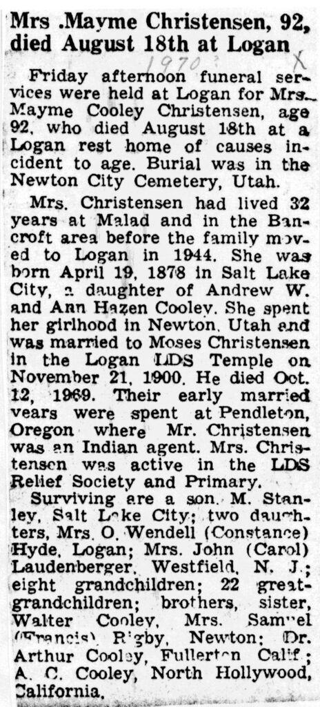 Mayme Cooley Christensen obit