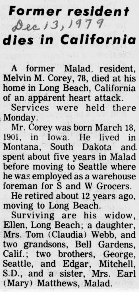 Melvin M Corey obit