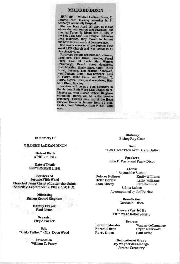 Mildred LaDean Dixon obit and program