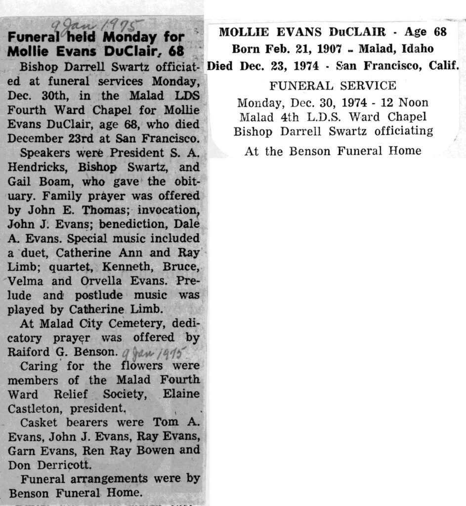Mollie Evans DuClair funeral