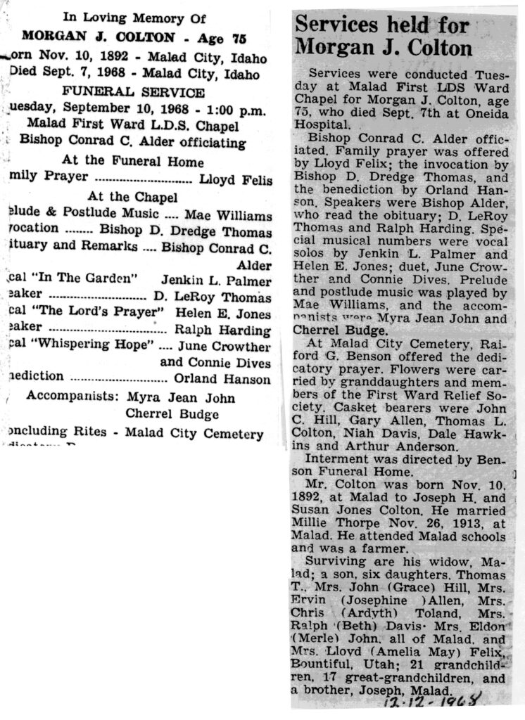 Morgan J Colton funeral