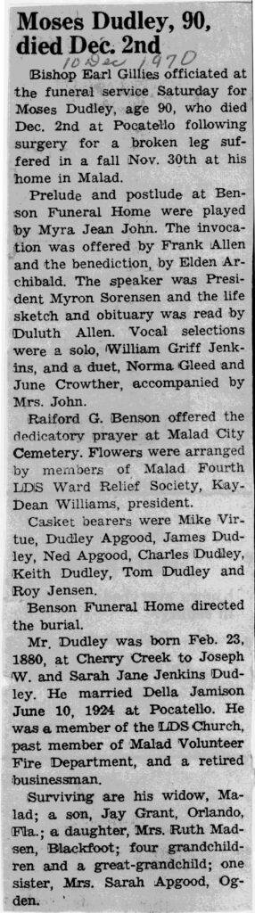 Moses Dudley obit and funeral