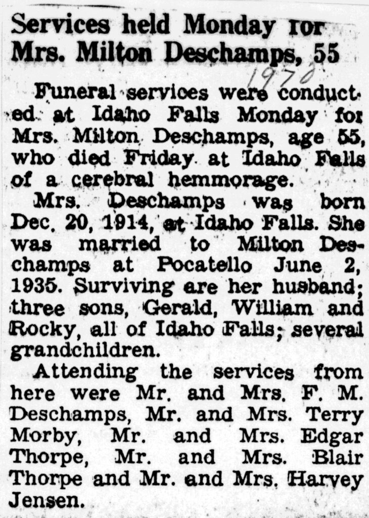 Mrs Milton Deschamps obit