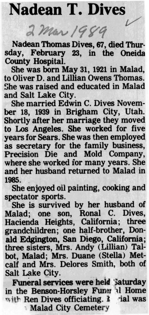 Nadean Thomas Dives obit