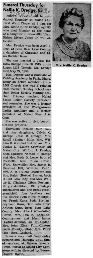 Nellie Kunz Dredge obit