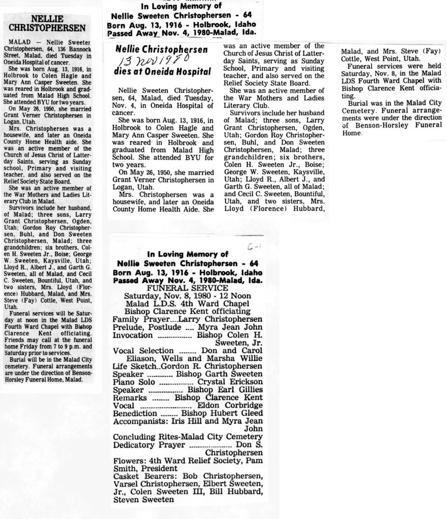 Nellie Sweeten Christophersen obit and funeral