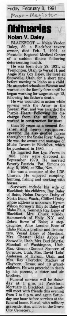 Nolan Verdon Daley obit