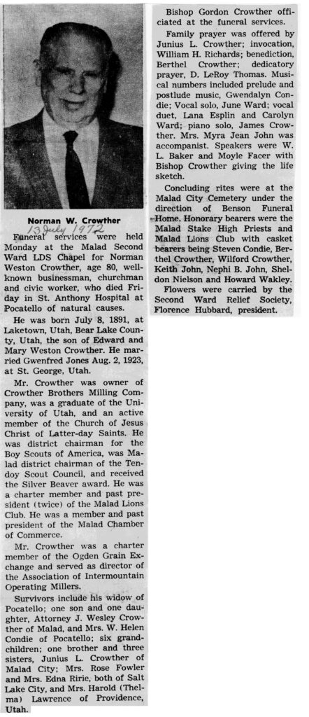 Norman Weston Crowther obit and funeral