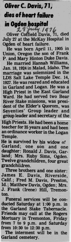 Oliver Coffield Davis obit