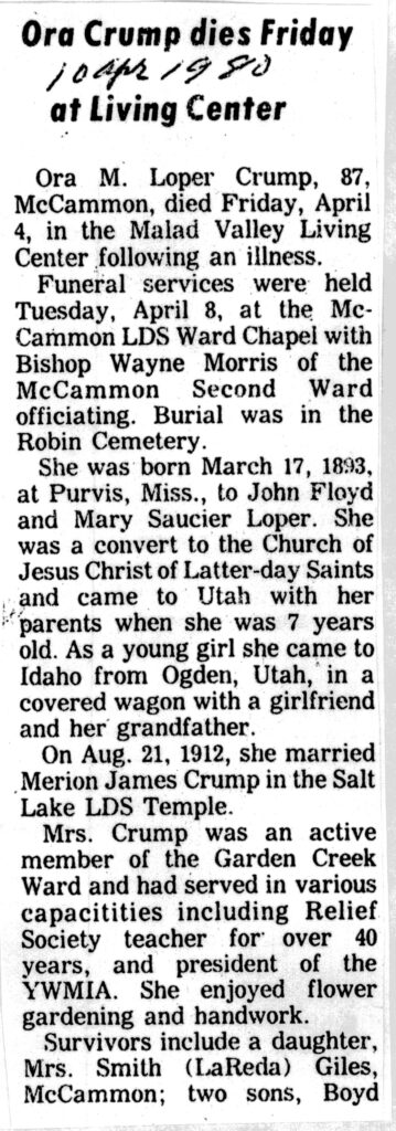 Ora M Loper Crump obit
