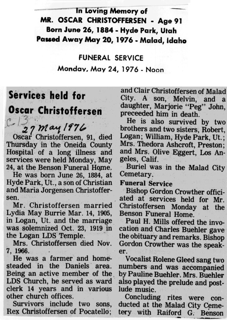 Oscar Christoffersen obit and funeral