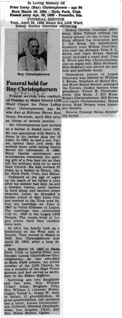 Peter LeRoy (Roy) Christophersen obit and funeral
