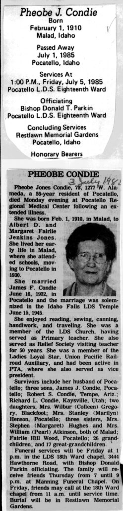 Phoebe Jones Condie obit
