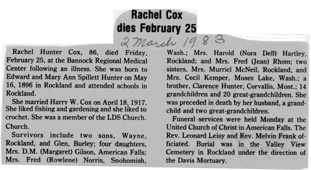 Rachel Hunter Cox obit