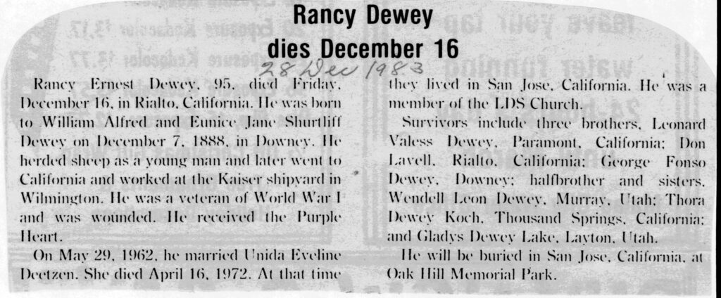 Rancy Ernest Dewey obit