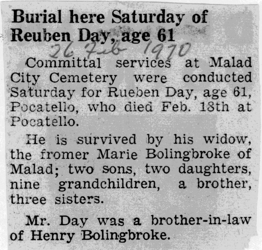 Reuben Day burial notice