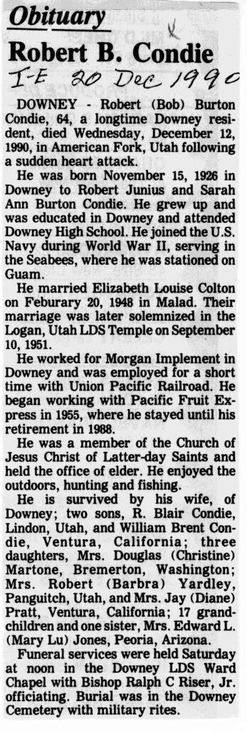 Robert (Bob) Burton Condie obit