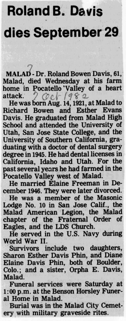 Roland Bowen Davis Dr obit