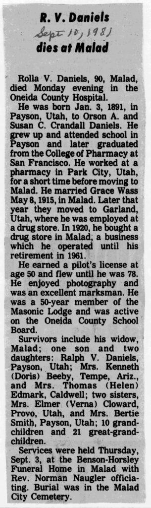 Rolla V Daniels obit